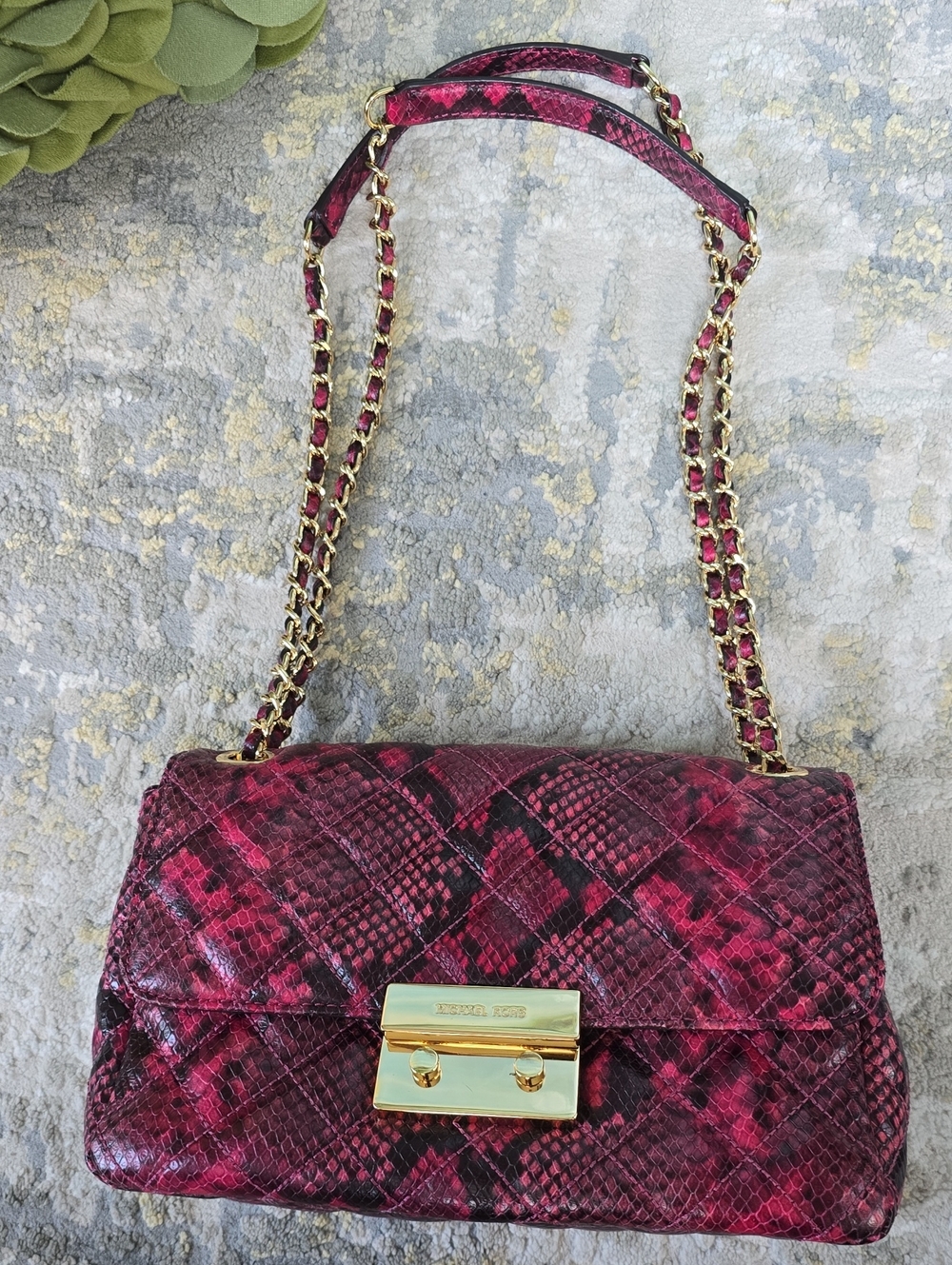 Michael Kors Sloan Fuchsia Quilted Snake Print Leather Chain Shoulder Bag - Picture 11 of 17